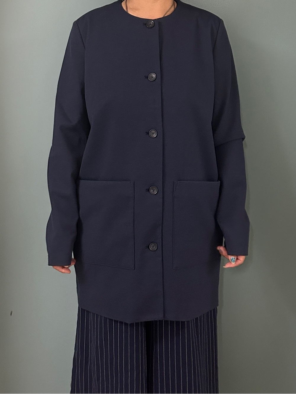 Women’s Navy Button-Front Long Jacket
